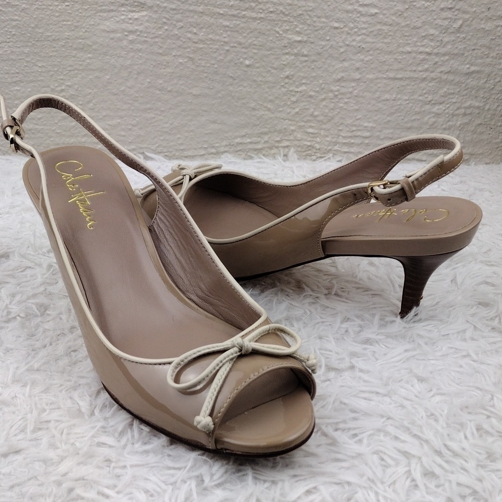 Cole Haan Nike Air Taupe Patent Leather Open Almond Toe Buckled Slingback Pumps